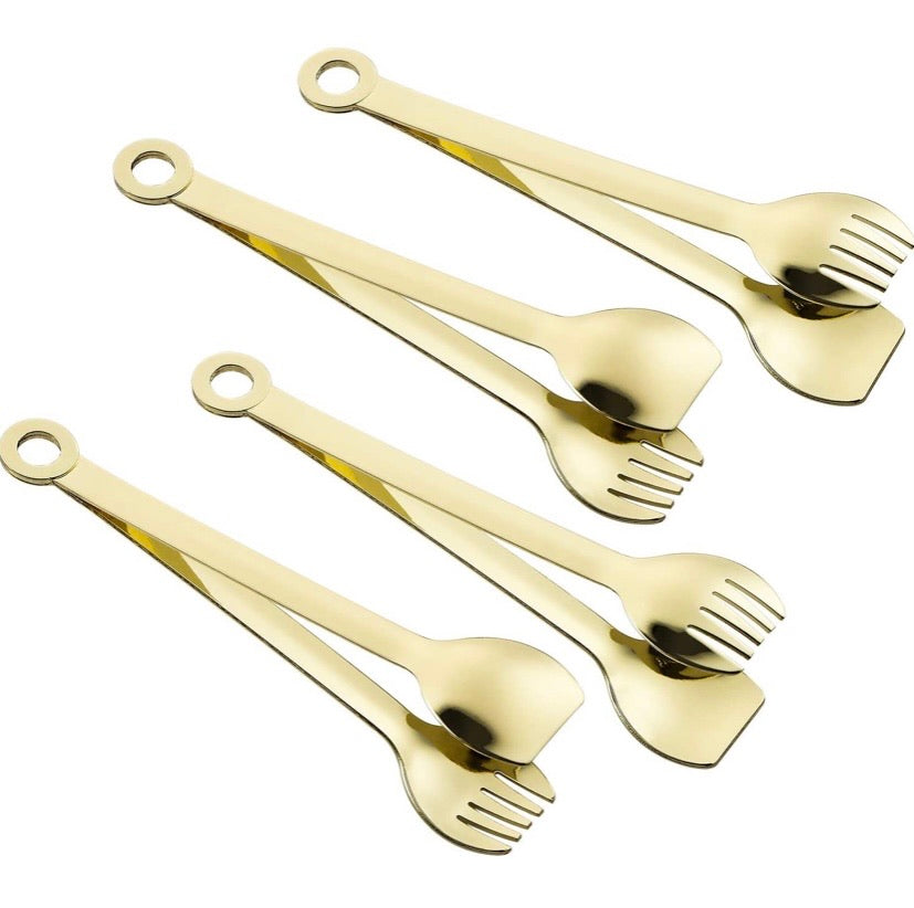 Set of 4 Gold Plated Small Serving Tongs - Stainless Steel, 6 Inches (Golden)