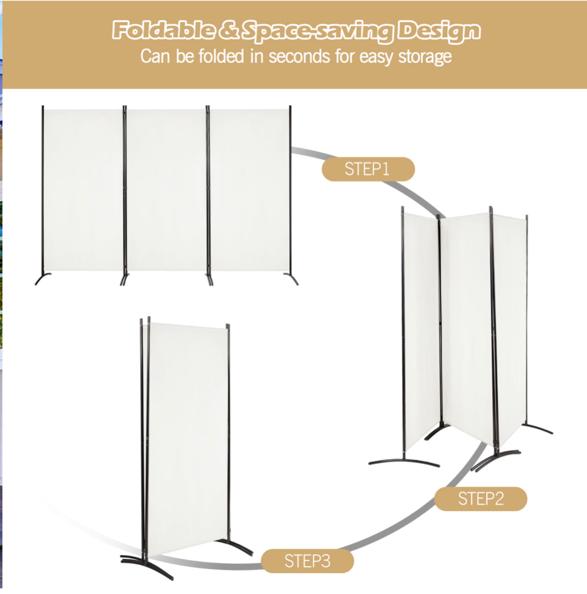 3-Panel Wood & Steel Folding Privacy Screen – 4 Colours