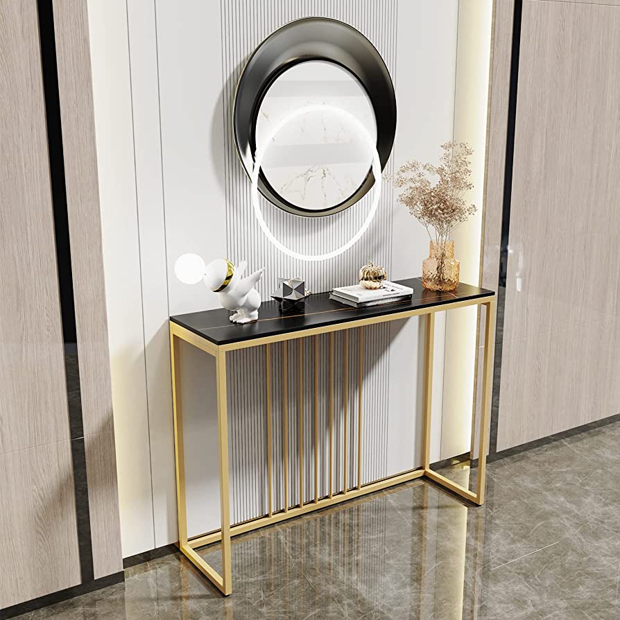 Luxury Marble Console Table Entryway Decorative Table Black Top & Gold Frame