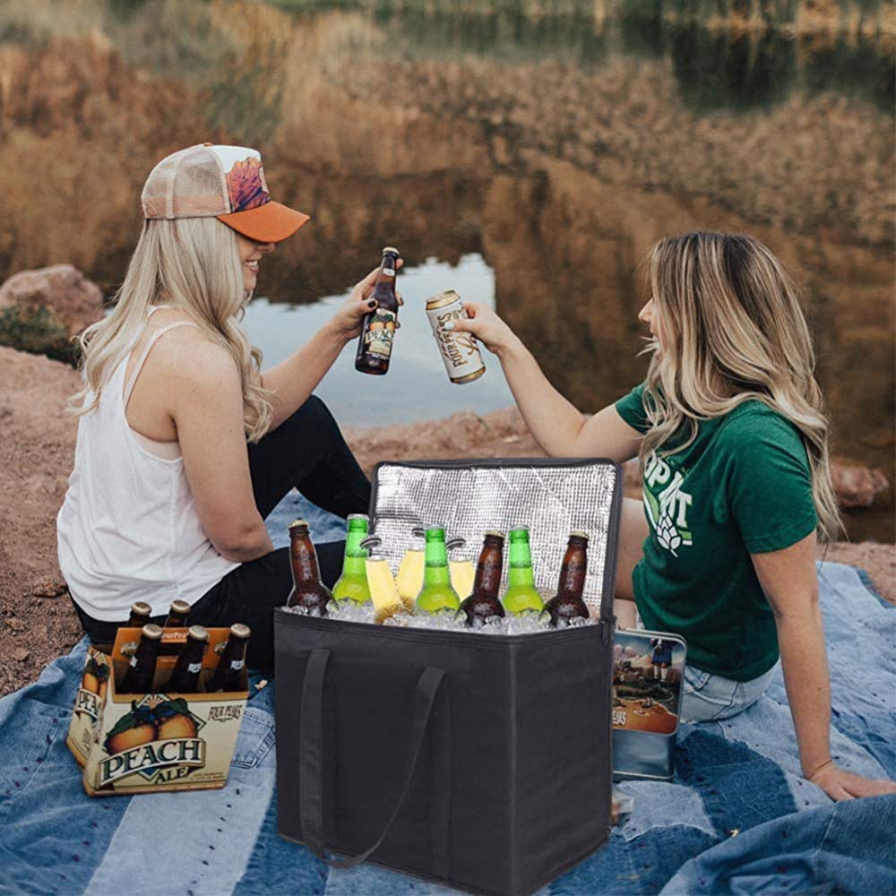 Set of 2 XL Insulated Grocery Bags with Zipper Closure Heavy Duty Foldable Insulated Shopping Bags for Groceries & Reusable Zipper Insulated Bag for Cold/Hot Shopping & Frozen Food Transport Delivery