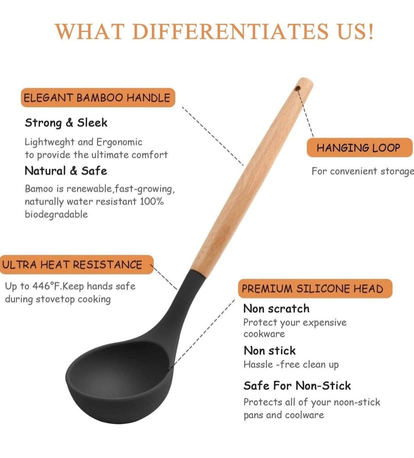 Silicone Kitchen Utensil Set, Cooking Spatulas Soup Ladle Slotted Spoon Turner Pasta Server Basting Brush Tongs Whisk Wooden Handle Heat Resistant Cookware Non-Stick Kitchen Gadgets Tools 12 Pcs