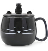 Cute Cat Coffee Mug with Cell Phone Holder Lid for Cat Lover Unique Ceramic Black Mugs Tea Cup Women