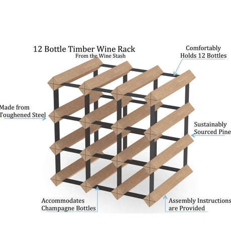 12 Bottle Timber Wine Rack (Natural Finish)