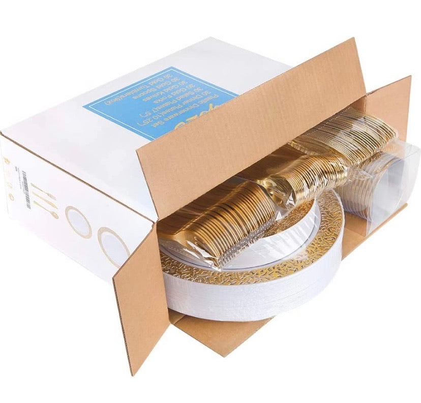180pcs Plastic Gold Lace Plates, Durable Wedding Plates and Cutlery Set
