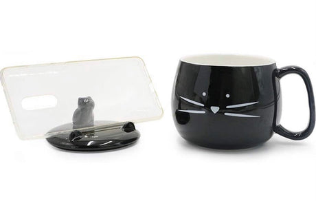 Cute Cat Coffee Mug with Cell Phone Holder Lid for Cat Lover Unique Ceramic Black Mugs Tea Cup Women
