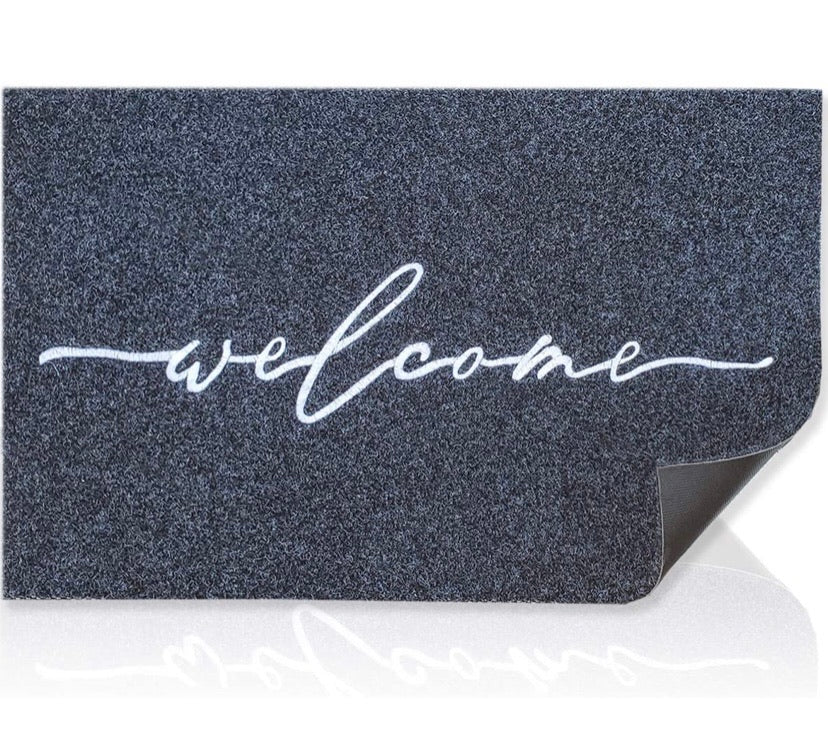 Grey Welcome Entrance Mat with Rubber Backing – 18 × 28in
