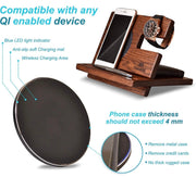 Wood Phone Docking Station Ash Key Holder Wallet Stand Watch Organizer Men Gift Husband Wireless Charging Pad Slim Birthday Nightstand Purse Tablet Compatible with iPhone Samsung Plus All Qi Devices