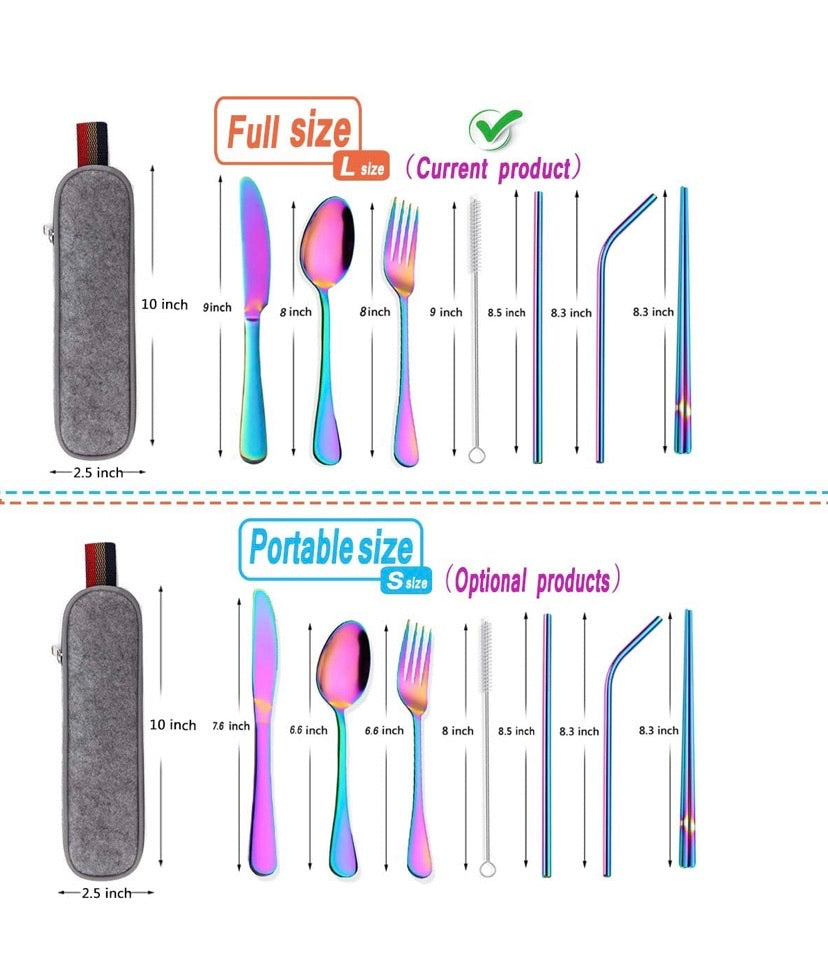 Portable Utensils Silverware Flatware Set 8-Piece Cutlery Set Including Knife Fork Spoon Chopsticks Straws Portable Bag for Travel Work Camping Picnic Stainless Steel Utensil Set (Rainbow Full)