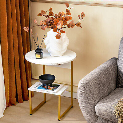 2-Tier Round Wooden Side Table with Metal Frame