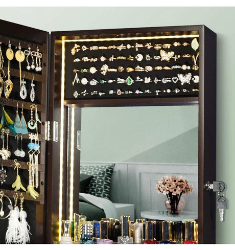 Luxfurni LED Light Jewelry Cabinet Wall-Mount/Door-Hanging Mirror Makeup Lockable Armoire, Large Storage Organizer w/Drawers
