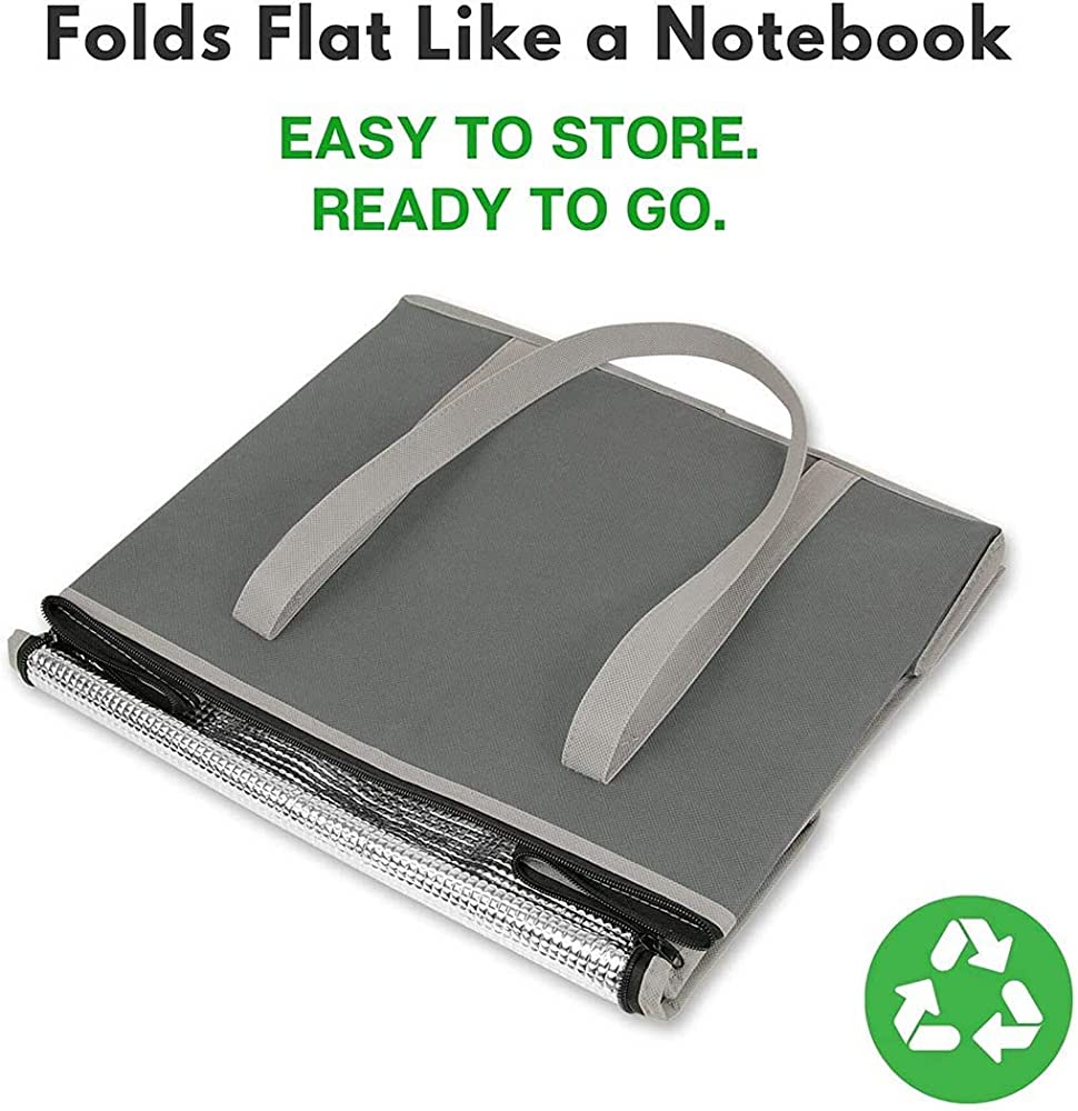 Set of 2 XL Insulated Grocery Bags with Zipper Closure Heavy Duty Foldable Insulated Shopping Bags for Groceries & Reusable Zipper Insulated Bag for Cold/Hot Shopping & Frozen Food Transport Delivery