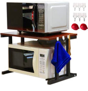 2 Tier Microwave Oven Rack Tableware Storage Toaster Oven Shelf Kitchen Counter Storage Bracket Kitchen Shelf Cabinet Organisers Spice Holder Pan Rack with 6 Hooks(Black)