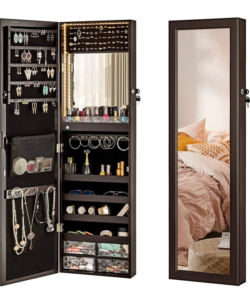 Luxfurni LED Light Jewelry Cabinet Wall-Mount/Door-Hanging Mirror Makeup Lockable Armoire, Large Storage Organizer w/Drawers