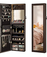 Luxfurni LED Light Jewelry Cabinet Wall-Mount/Door-Hanging Mirror Makeup Lockable Armoire, Large Storage Organizer w/Drawers