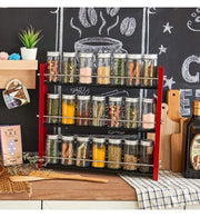 Wood Spice Rack with 21 Empty Jars and Labels, 3 Tier Freestanding Organizer Shelf Display Stand with Rails for Countertop, Cabinet, Kitchen, Pantry - Red and Black