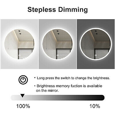 LED Round Bluetooth Mirror Bathroom Vanity Dimmable Circle Wall Mounted 