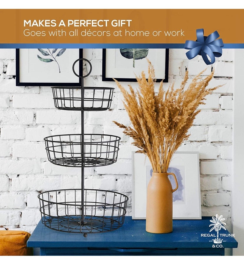 3 Tier Fruit Basket - Fresh Country Wire Basket by Regal Trunk & Co. | Three Tier Fruit Basket Stand for Storing & Organizing Vegetables, Eggs, and More | Fruit Basket for Counter or Hanging (3 Tier)