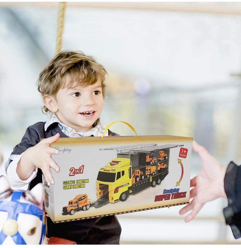 Coolplay 11 in 1 Die-cast Construction Vehicle Mini Engineering Truck Toy Set in Carrier Truck Play set for Boys, Mini Dumper, Bulldozers, Forklift, Tank Truck, Asphalt Car and Excavator for Kids