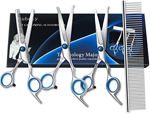 Dog Grooming Scissors, Bubuxy Pet Grooming Trimmer Kit, Dog Cat Grooming Shears Set, The kit Includes Cutting Scissors, Thinning Shear, Curved Scissors, Grooming Comb