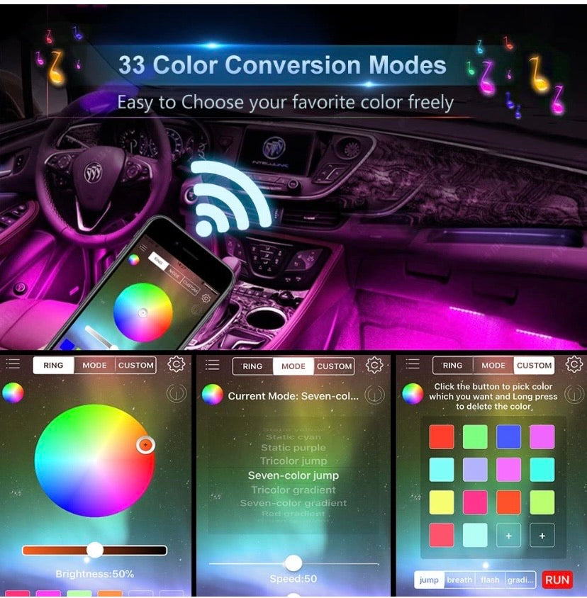 Car LED Strip Lights, 4pcs 48 LED Bluetooth App Controller Interior Lights Multi Color Music Car Strip Light Under Dash Lighting Kit with Sound Active Function for iPhone Android Smart Phone