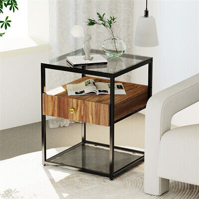 Modern Glass Bedside Table with Drawer & Lower Shelf