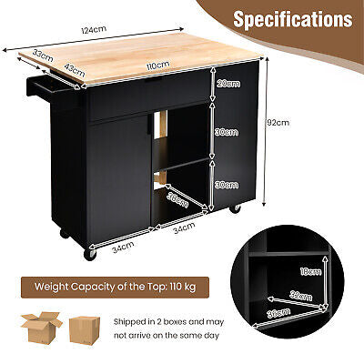 Black Drop-Leaf Rolling Kitchen Island with Cabinet