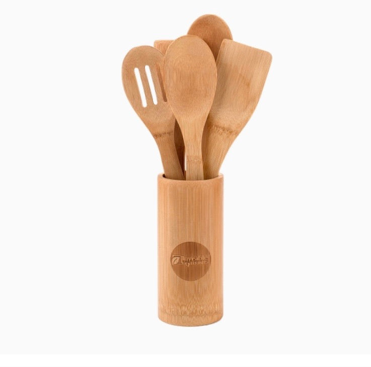 Bamboo Cooking Utensils – Set of 6 Kitchen Wooden Serving Accessories