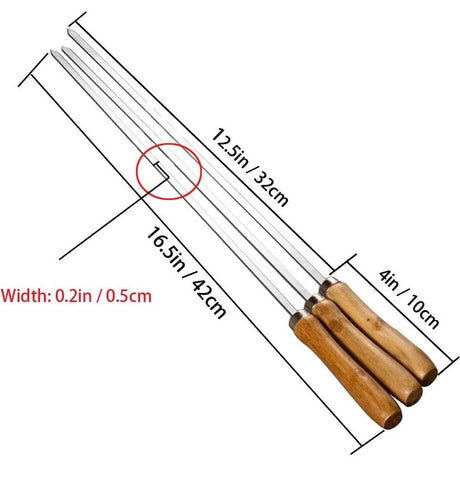 17” Flat Blade Barbecue Shish Kebab Skewers Stainless Steel with Wooden Handle, Set of 6