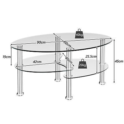 Oval Coffee Table 3-Tier Tempered Glass & Chrome Base Clear Living Room