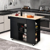 Black Drop-Leaf Rolling Kitchen Island with Cabinet