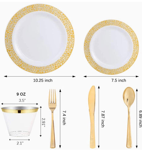 180pcs Plastic Gold Lace Plates, Durable Wedding Plates and Cutlery Set