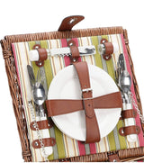 Picnic Basket for 2 Person, Durable Wicker Picnic Hamper Set, Willow Picnic Basket Accessories Plates and Utensils, Perfect Wedding, Anniversary or Birthday Gift (Green Stripe)