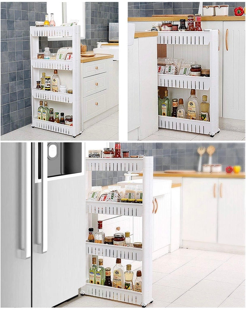 4 Tier Slim Storage Cart Mobile Shelving Unit Organizer Slide Out Storage Rolling Utility Cart Tower, Gap Storage Pantry Storage Rack for Kitchen Bathroom Laundry Narrow Spaces, Plastic, White