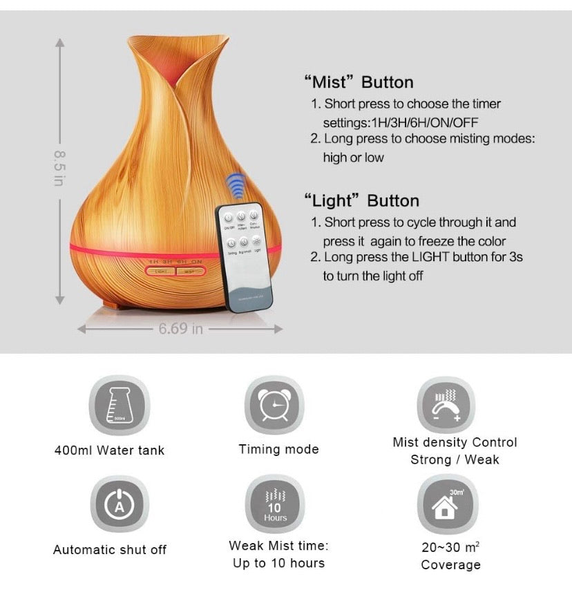 550ml Essential Oil Diffuser, Cool Mist Ultrasonic Humidifier, Wood Grain Fragrance Aroma Diffuser with 7 LED Color Changing Light, Waterless Auto,Timer for Home Bedroom Office Yoga Spa (Light Wood Grain)