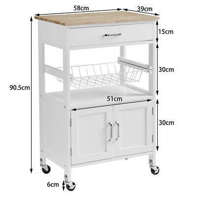 White Rolling Kitchen Storage Trolley with Drawer & Basket