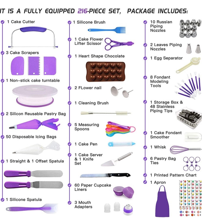 Cake Decorating Supplies Kit, Set of 216, Baking Pastry Tools, Cake Turntable, Cake Leveller, Numbered Icing Tips with Pattern Chart, Angled Spatula, 10 Christmas Piping nozzles-Baking Tools