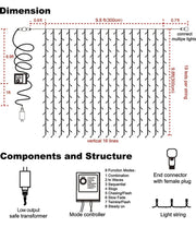 304 LED Curtain String Lights, 9.8 x 9.8 ft, 8 Modes Plug in Fairy String Light with Remote Control, Christmas, Backdrop for Indoor Outdoor Bedroom Window Wedding Party Decoration, Blue.