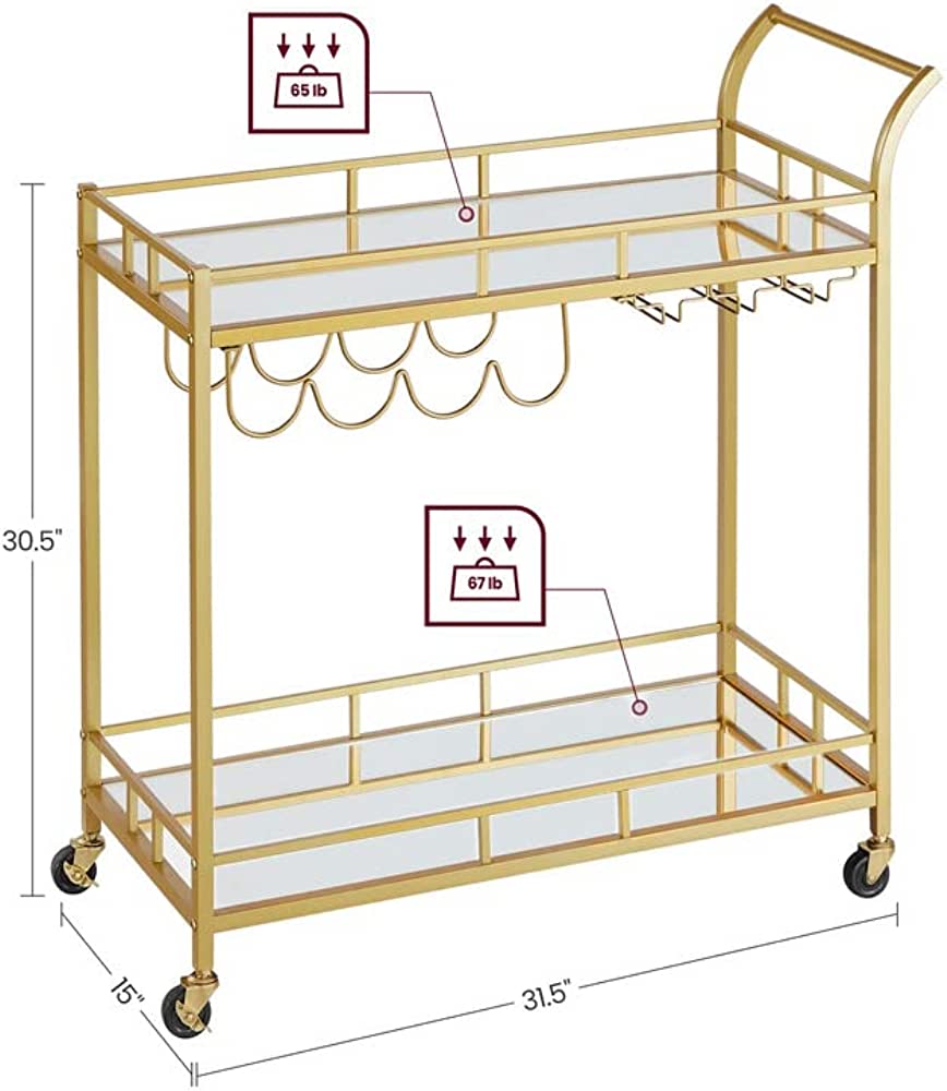 2-Tier Gold Bar Cart with Mirrored Shelves