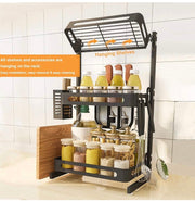 Countertop Spice Rack Set, Stainless Steel Kitchen Cabinet Shelf Organizer, Easy Removable Storage Rack with Knife Holder, Cutting Board Holder and Cutlery Holder, Matte Black (3 Tier)
