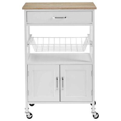 White Rolling Kitchen Storage Trolley with Drawer & Basket