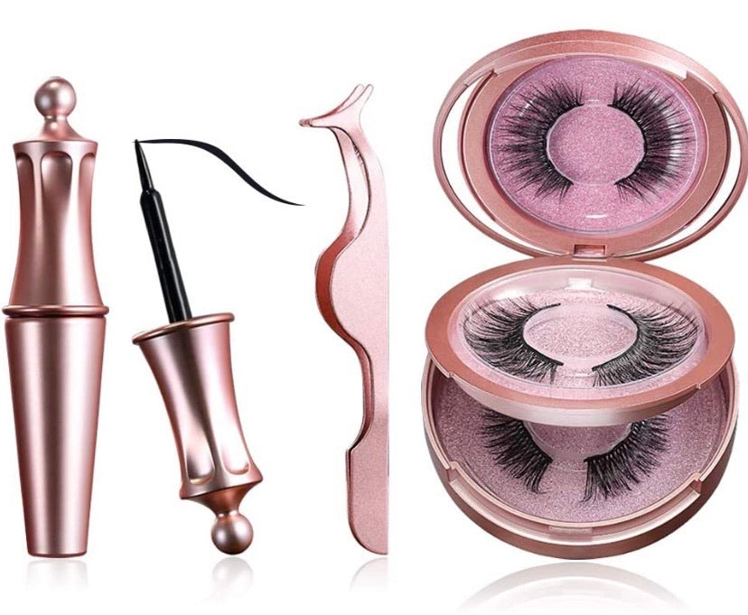 Magnetic Eyeliners and Eyelashes kit, 2 Pairs Natural and Reusable Eyelashes with a Tweezer and Fashion Mirror Kit, Your Fast Eye-Makeup Helper