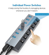 Aluminum BC 1.2 Charging 7 Ports USB 3.0 Hub,Charging Up to 5V/2.4A,Individual LED Power Switches with 48W Power Adapter for MacBook, iPad, PS4,Surface Pro, Mobile,Laptop, HDD and More