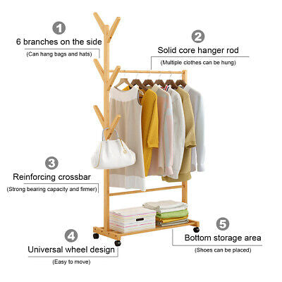 Rolling Bamboo Open Garment Rack with Shelves – 60cm or 100cm