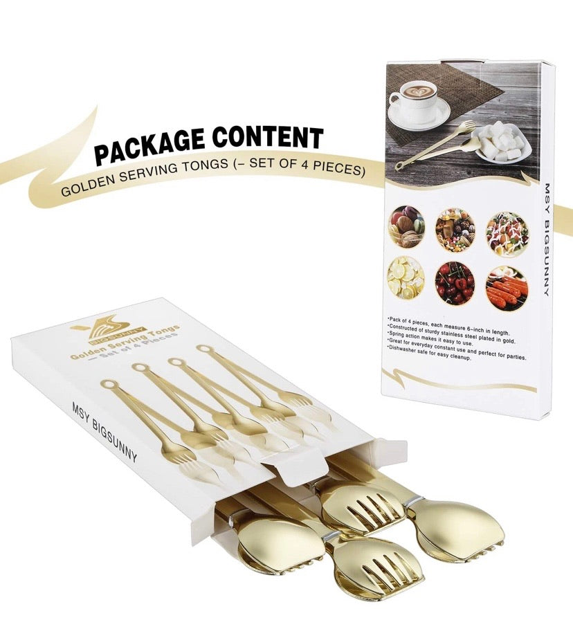 Set of 4 Gold Plated Small Serving Tongs - Stainless Steel, 6 Inches (Golden)
