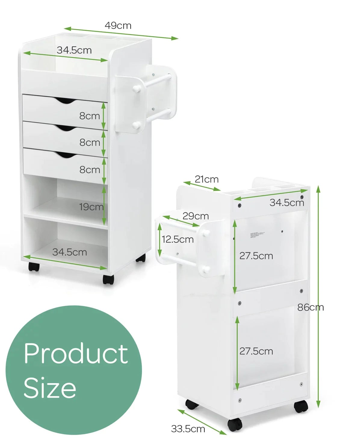 Mobile Trolley Cart 6-Tier Wood Storage Beside Table w/ Drawers Bathroom White