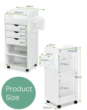 Mobile Trolley Cart 6-Tier Wood Storage Beside Table w/ Drawers Bathroom White