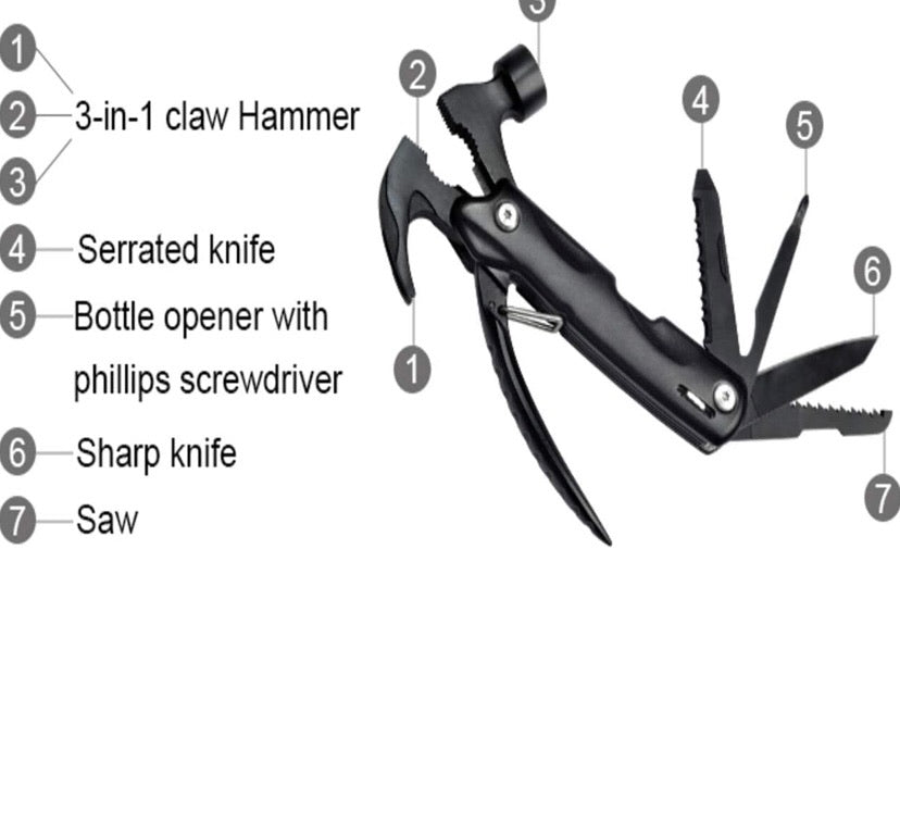 Black Stainless Steel Portable Multipurpose Pocket Size Tool with Anodized Aluminium Handle 7 Functions in 1 with Easy Carry Nylon Pouch for Outdoor Camping Household Car Emergency with Safe Locking