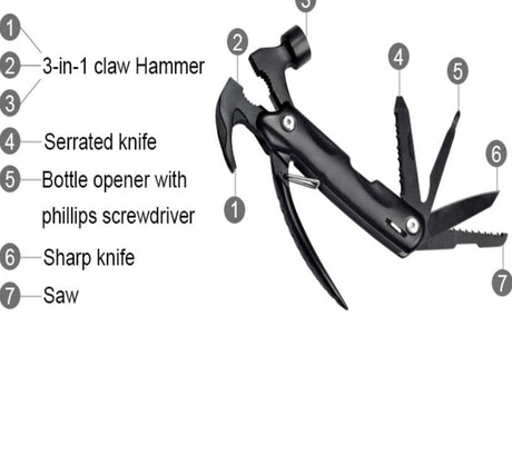 Black Stainless Steel Portable Multipurpose Pocket Size Tool with Anodized Aluminium Handle 7 Functions in 1 with Easy Carry Nylon Pouch for Outdoor Camping Household Car Emergency with Safe Locking