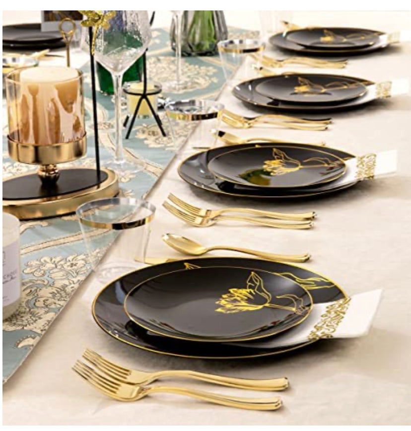 175PCS Black Plastic Plates & Gold Plastic Silverware