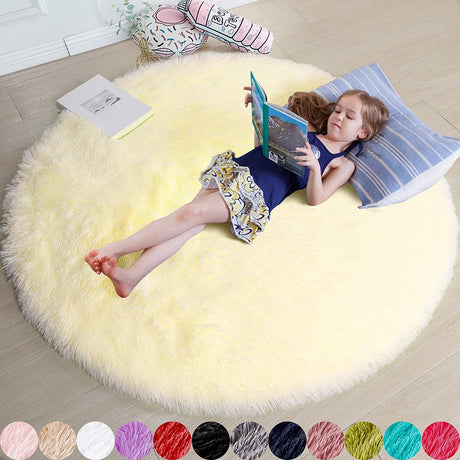 Round Rug for Bedroom, Fluffy Circle Rug 5'X5' for Kids Room,Furry Carpet for Teen Room,Shaggy Circular Rug for Nursery Room,Fuzzy Plush Rug for Dorm,Cute Room Decor for Baby
